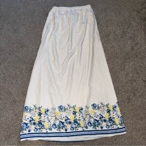 Abercrombie & Fitch Faux Silk White Maxi Skirt w/ Blue and Yellow Floral Design